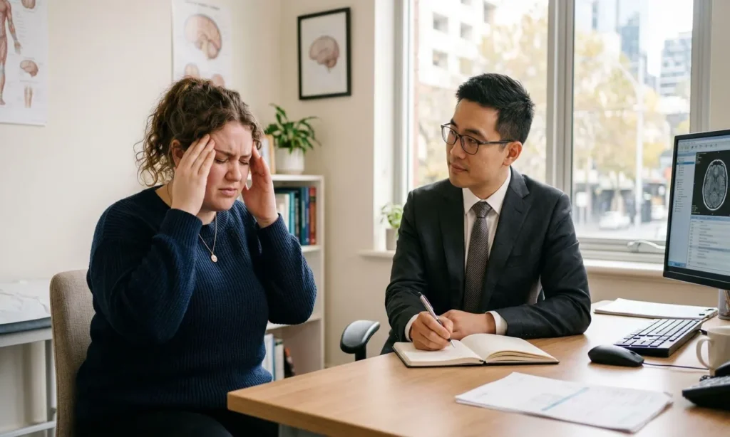 Migraine treatment consultation with a neurologist discussing advanced headache diagnosis, preventive therapy, medications, and long-term migraine management strategies.